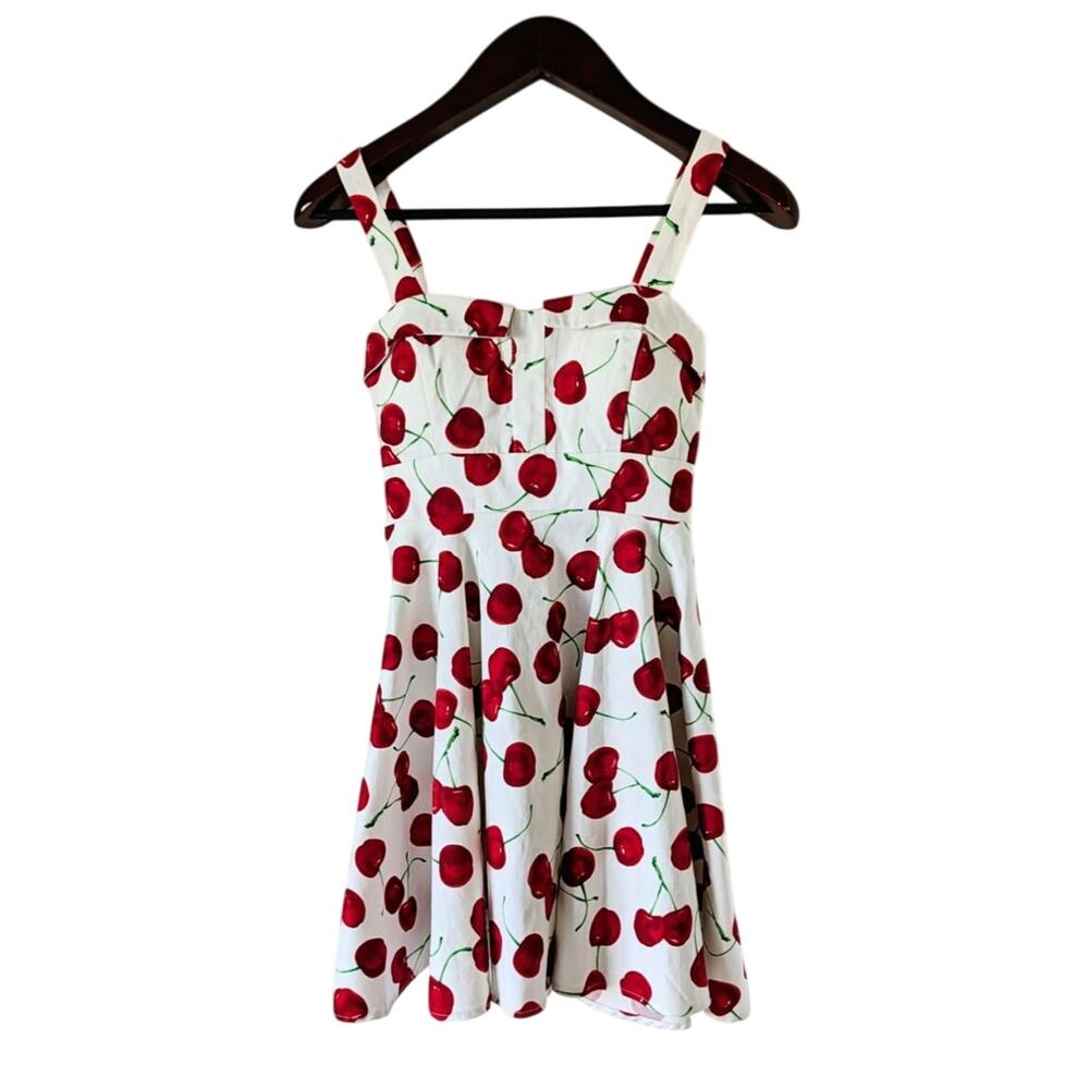 LXIA Cherry Print Dress Womens Small White Red Fit & Flare Sundress Made in USA